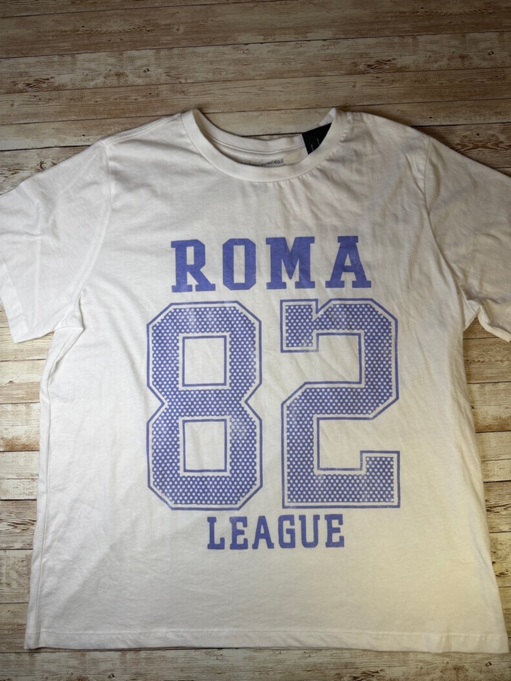 Roma White Tee with Lavender Print - '82 League' Short Sleeve